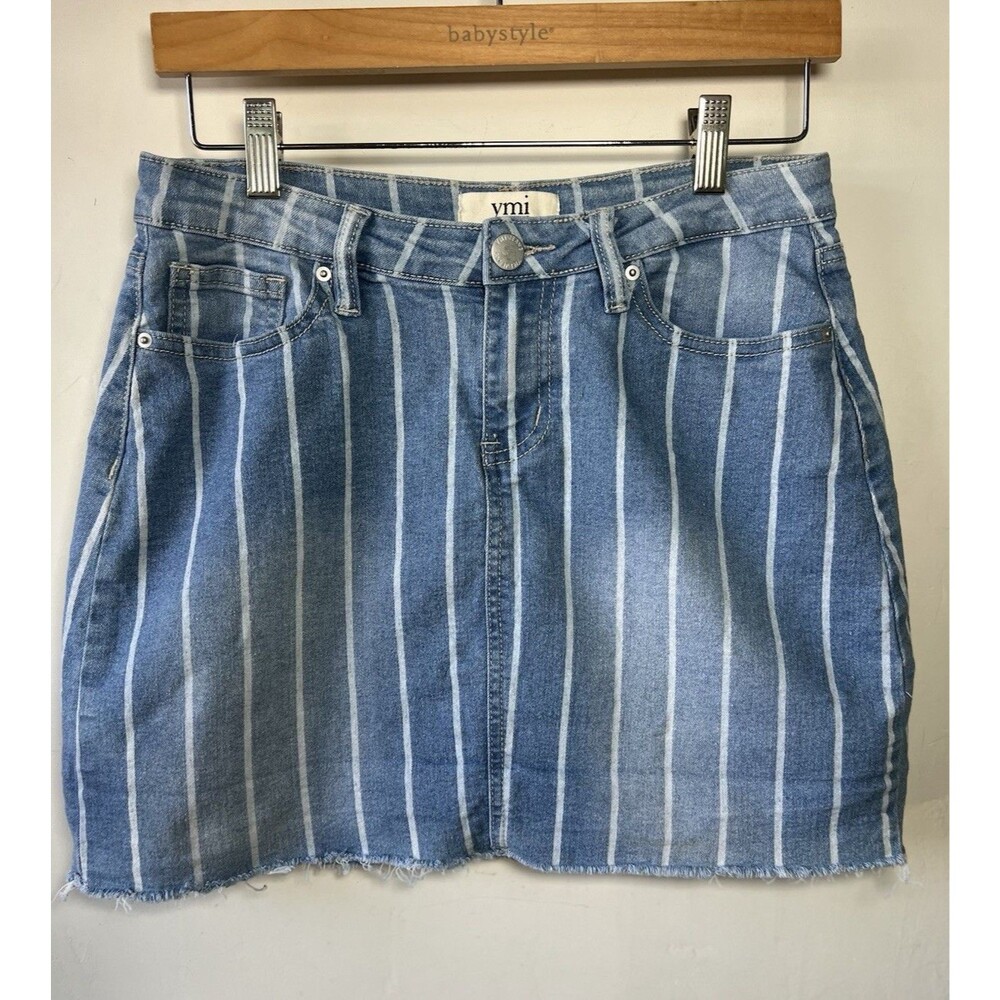 YMI Blue White Striped Denim Mini Short Skirt Button Closure Women’s 5/27